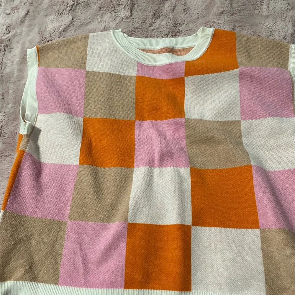 Amazon Multicolor Checkered Blouse - Pink, Orange, Tan, White - Picture 1 of 2